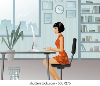 Girl working in a big office