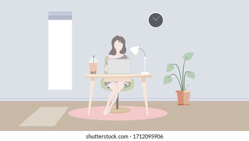 A girl working with calm at home with her notebook during covid-19