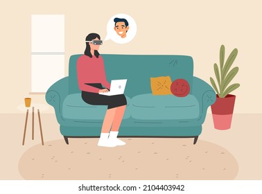 A girl working and communicating from home using virtual reality glasses technology. Illustration concept.