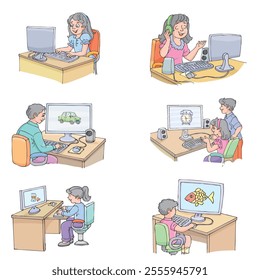 Girl working at computer, 
Boy working at computer,
Girl and Boy working at computer