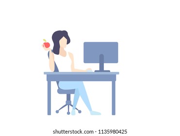 girl working with computer at desk, flat style vector illustration