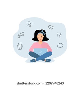 Girl is working at computer. Flat cartoon style vector illustration.