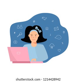 Girl is working at computer. Flat cartoon style vector illustration.
