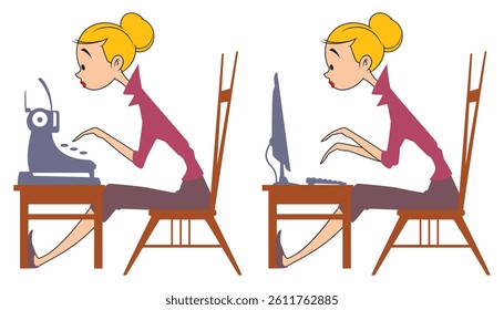 Girl is working at computer. Funny people. Illustration concept template for website, web landing page, banner, presentation, social, poster, promotion or print media.