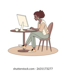 A girl working at a computer on a white background. Vector image.