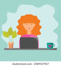 Girl working at computer, girl at computer sitting at table, cup of coffee on table, pot with plant on floor