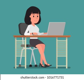 The girl is working at the computer. Vector illustration. Suitable for animation (individual segments)