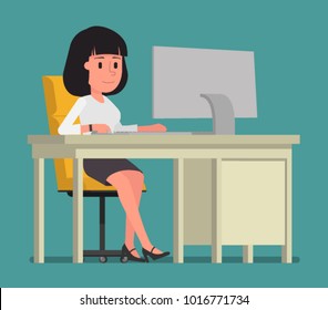 The girl is working at the computer. Vector illustration. Suitable for animation (individual segments)