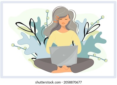 La niña está trabajando con concentración en la computadora. Resuelve cuestiones importantes. Mujer en posición de loto en problemas con laptop. Vector aislado con plantas decorativas. Diseño plano al estilo de las caricaturas.