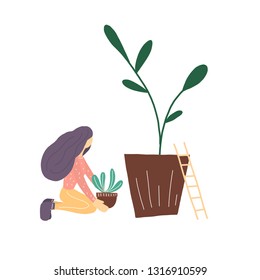 Girl working in the garden, big home plant vector set illustration