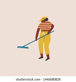 Girl working in the garden or farm with rake, growing organic fruits and vegetables illustration in vector. Funny cartoon character.