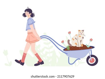 Girl working in the garden or farm. A young woman takes care of plants and vegetables. Hand draw illustration in cartoon style. Gardening concept. Vector