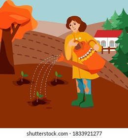 Girl working in the garden, watering plant. Vector illustration