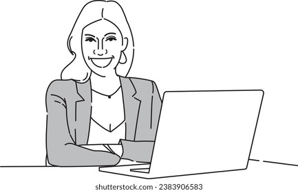 Girl working happily with laptop at desk flat design