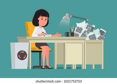 A girl is working hard with a bunch of documents. Vector illustration. Suitable for animation (individual segments)