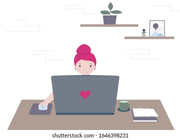 Girl working hard at laptop. Can be used in web or in human research. Illustrates working space. Vector illustration isolated on white background.