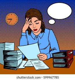 Girl is working hard in the office pop art retro vector illustration. Comic book style imitation.