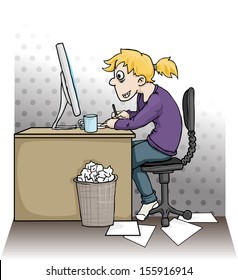 Girl working hard on a computer, vector illustration