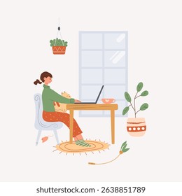 Girl working holding a cat in her arms. Pet. Love for a pet. Work from home. Vector illustration on white background. 