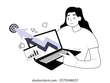 Girl working from home - colorful flat design style illustration with line elements on white background. A composition with a woman, freelancer sitting at the desk with a laptop. Online business idea