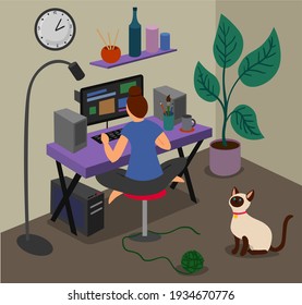 girl working at home at the computer