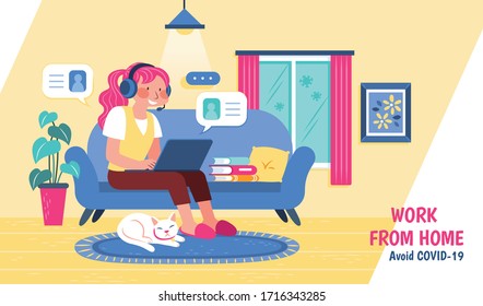 Girl working from home with her laptop during COVID-19 outbreak