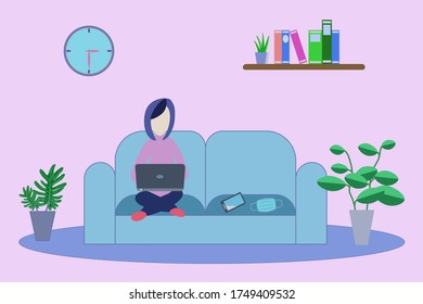Girl working at home. Idea concept to avoid corona virus infection. Vector design illustration flat style.