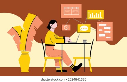 Menina trabalhando a partir de ilustração em casa. Mulheres sentadas enquanto trabalham remotamente de casa. Modelo de design plano de reunião online.
