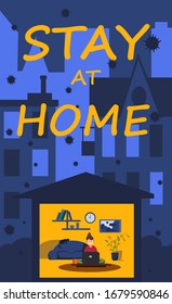 Girl working at home with a laptop on a background of a virus-infected city. Caption - stay home. Quarantine.