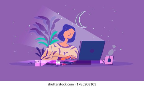 Girl Working at home at night, peaceful and relaxed, vector, concept design clip art