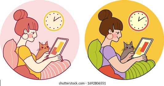 Girl working from home office with her cat. Sitting on pillows, working on her tablet. Clock on wall, warm colors, stay home professional, remote work.