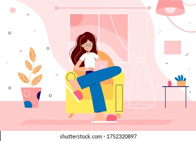 Girl is working from home office on quarantine. A woman is freelancing at home with laptop at the table and protecting herself from coronavirus. Cartoon vector illustration for web designers. 