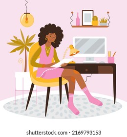 Girl working at home office vector illustration. Cartoon young woman sitting at table with computer, plants and lamp in home interior, professional female freelancer holding paper sheet background
