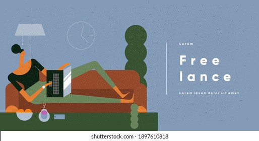 Girl working at home on the couch with a laptop. Freelance. Remote work at home in quarantine. Stay home. Vector illustration in flat cartoon style.