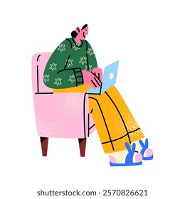 Girl working at home on freelance with laptop. Cartoon mascot sitting on chair with computer PC. Woman at home in coworking, vector flat illustration in doodle retro style