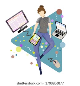 Girl working from home or remotely with phone ,mouse and laptop.girl working from home funny with computer ,netbook, and tablet.Work From Home Concept.Business Online Concept work