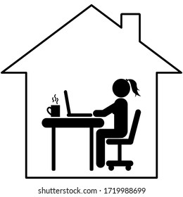 Girl working from home vector icon. Freelance home office technology, remote work, working at home, online job concept. Silhouette of a woman working at laptop in a house. Isolated on white EPS 10