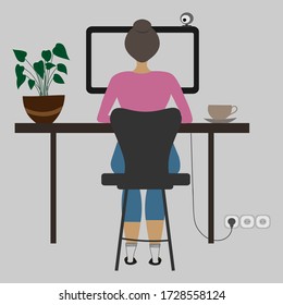 Girl working from home vector icon. Freelance home office technology, remote work, working at home, online job concept. Silhouette of a woman working at laptop in a house. EPS 10