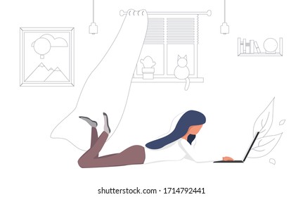 Girl working at laptop at home. Linear interior in room. Vector stock illustration isolated on white background.