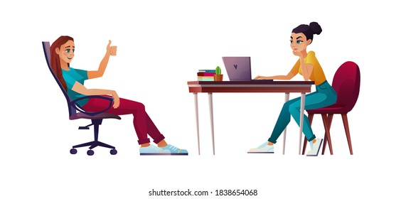 Girl working with laptop at office table, woman sitting in the chair and showing thumbs up. Students or freelancers. Cartoon vector illustration.