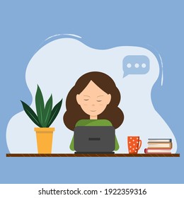 girl working with laptop at the table, vector flat illustration
