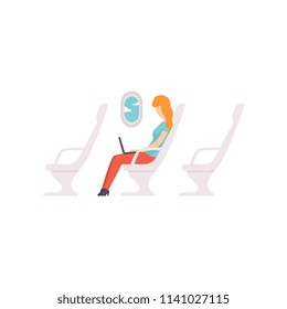 Girl working with laptop while sitting in airplane, remote working, freelance concept vector Illustration on a white background