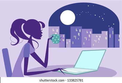 Girl working late on her laptop Pretty woman surfing the internet, or perhaps working late with a cup of coffee. Moonlit city scene can be seen in background through the window