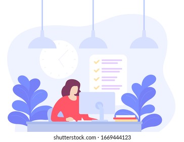 girl working in the office, deadline, task completion vector illustration