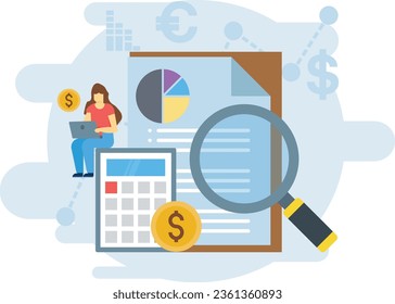 The girl is working on chart report and find something with magnify glass.