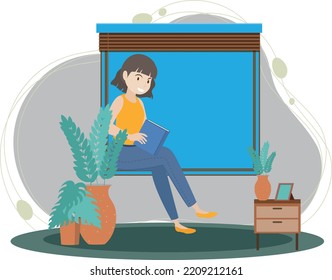 A girl working on a computer in an elegant décor with bright colors, easy to modify cartoon design