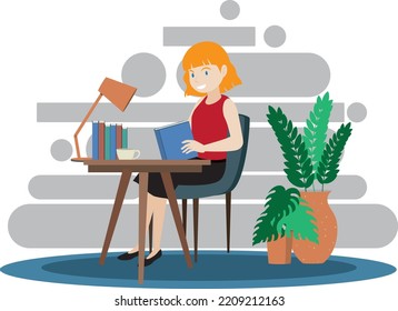 A girl working on a computer in an elegant décor with bright colors, easy to modify cartoon design