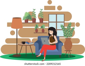 A girl working on a computer in an elegant décor with bright colors, easy to modify cartoon design