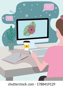 Girl working on computer flat vector illustration. Young girl sitting at the desk. Freelancer working at home iluustration.