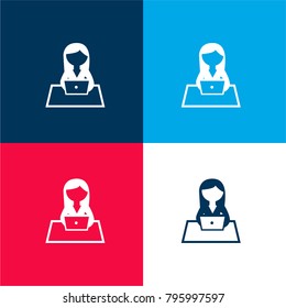 Girl working on computer four color material and minimal icon logo set in red and blue